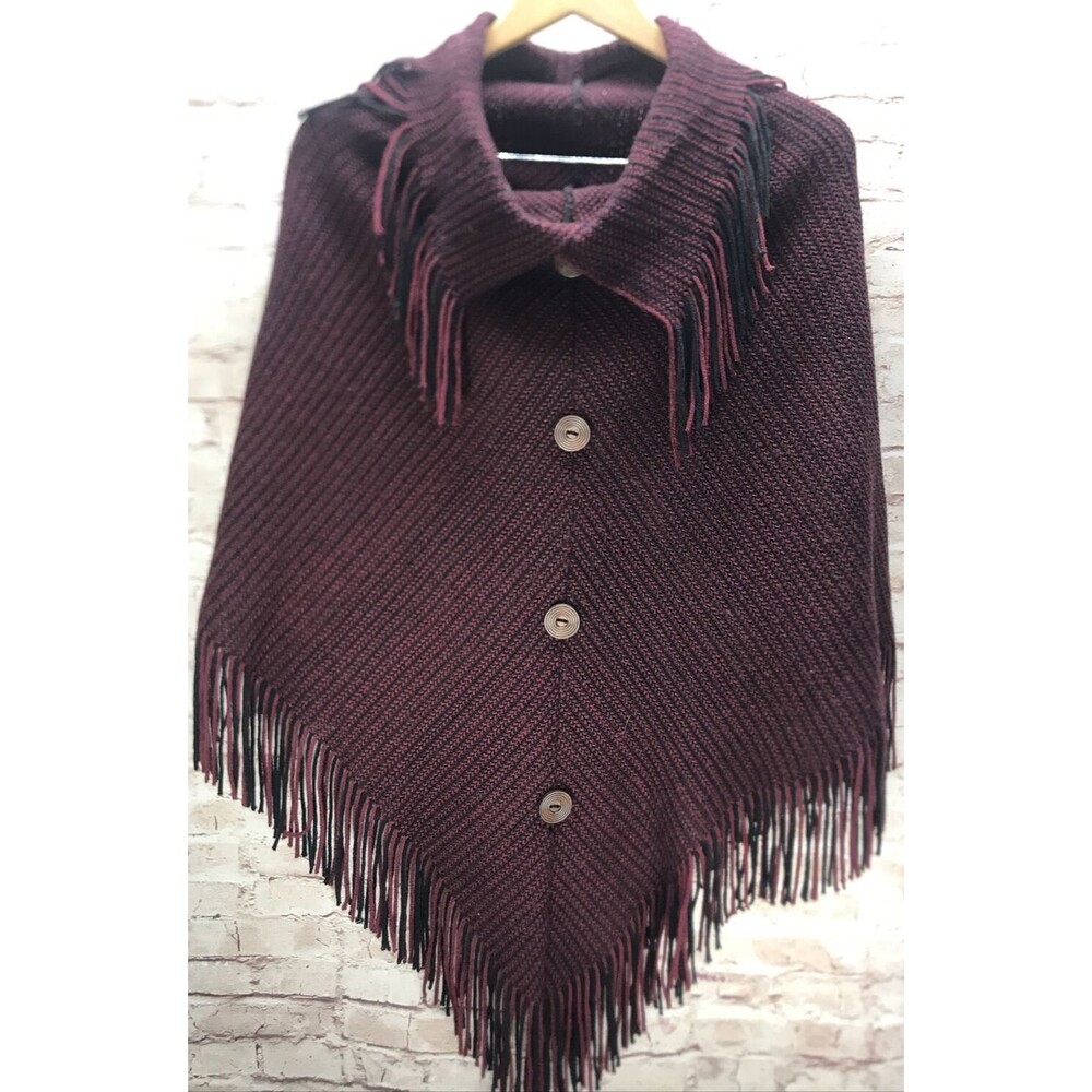 Unbranded Womens Poncho One Size Fits Most Fringe Knit Wooden Buttons Burgundy